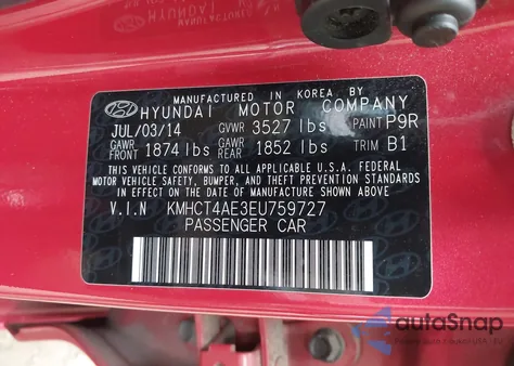 2014 Hyundai Accent Gls from USA, damaged, VIN KMHCT4AE3EU759727